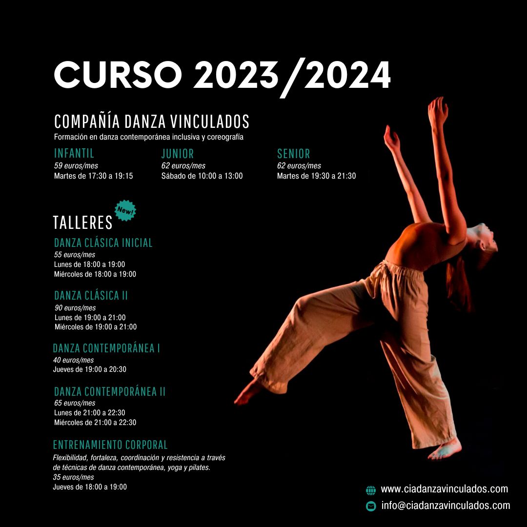 Cartel de los talleres que ofrece Cía. Danza Vinculados durante el curso 2023/2024.